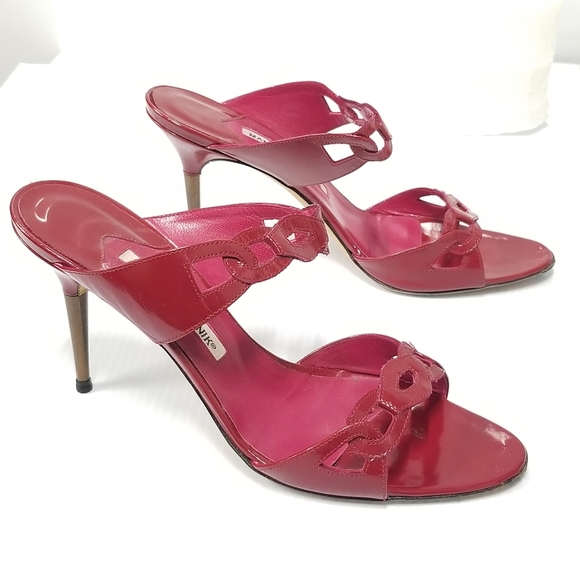Manolo Blahnik patent Leather Red Stiletto Heels slippers Slides mules sandals - Picture 4 of 15